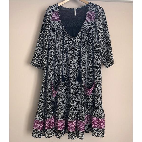 Free People Penny Lane Black Combo Chiffon Tunic Smock Dress Size XS - Picture 1 of 7